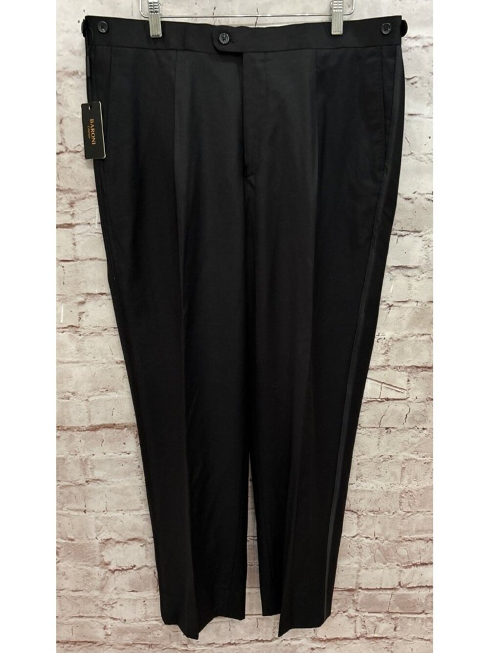 Baroni Couture Mens Tuxedo Pants 38R Black 100% Wool Super 150s Single Pleat NEW